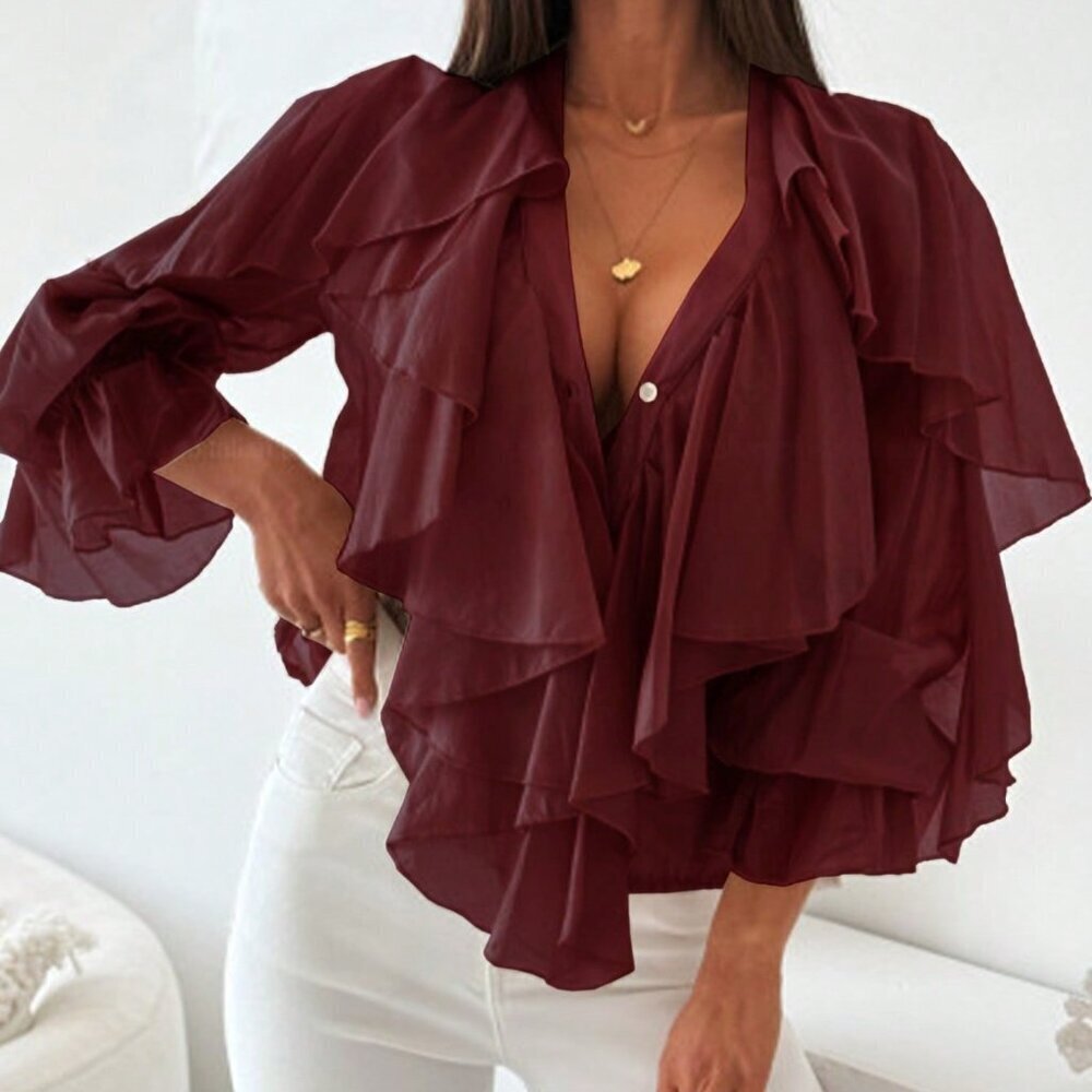 Red Casual Women's V-Neck Chiffon Blouse
